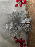 Set 10 ornamente pentru bradul de Craciun, stea Poinsettia, 16cm, argintiu