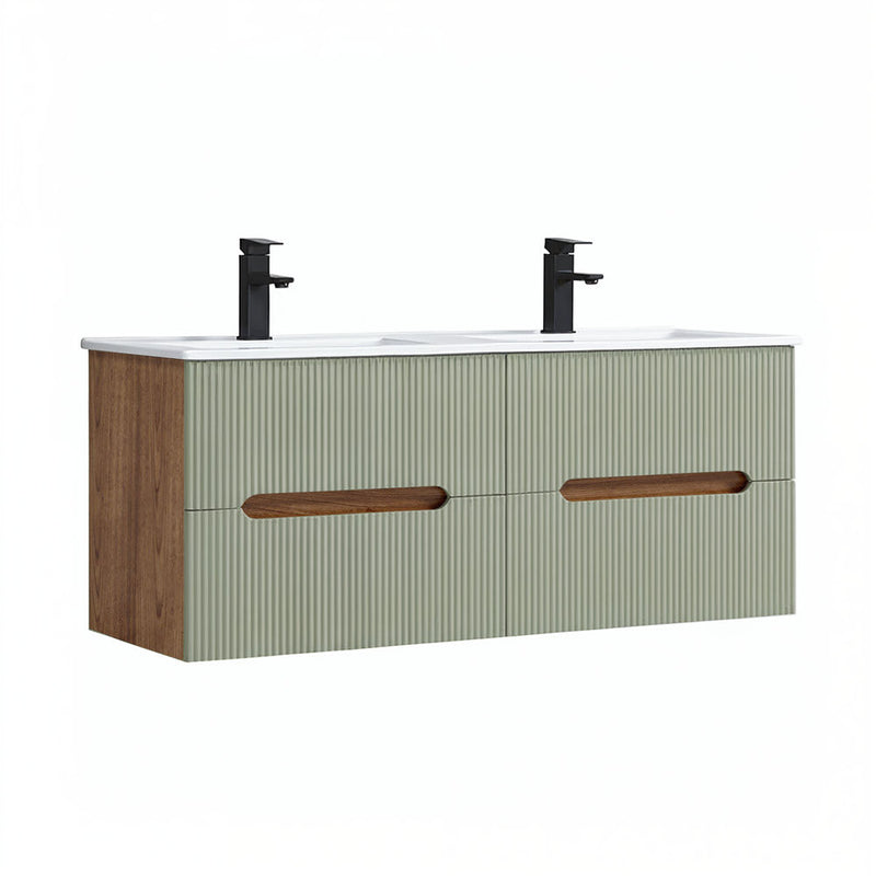 Leziter Trent 120 dulap de baie inferior cu chiuvetă ceramică (4 sertare) stejar apus de soare-olive verde