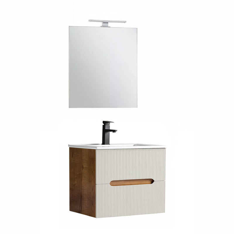 Leziter Set mobilier baie Trent 60 cu lavoar, oglinda, 2 sertare, 60x80 cm, sunset stejar-alb