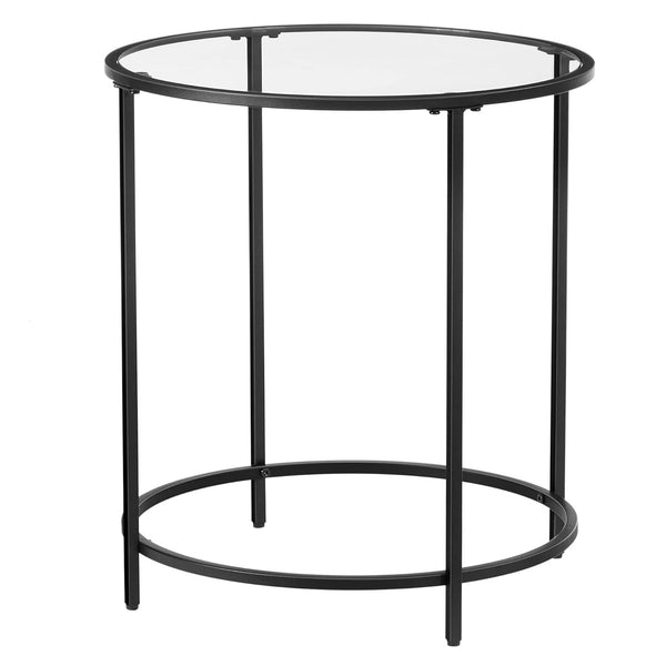 VASAGLE Masa rotunda, din sticla securizata cu cadru de otel, noptiera, 50x50x55cm, negru