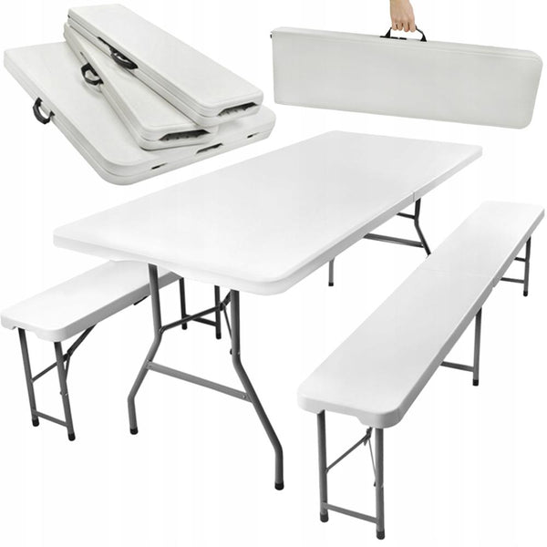 Set masa cu 2 banci pliabile tip valiza pentru gradina, camping, terase, 180x72x75cm