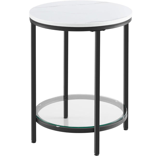 VASAGLE Masa rotunda, cu cadru de otel, noptiera, 45x55cm, negru cu blat alb aspect marmura