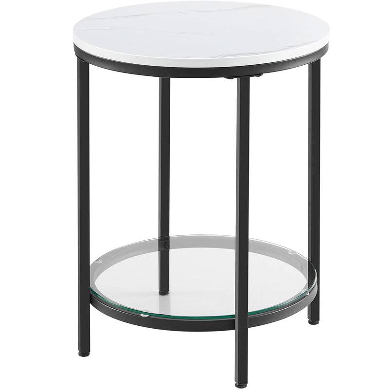 VASAGLE Masa rotunda, cu cadru de otel, noptiera, 45x55cm, negru cu blat alb aspect marmura