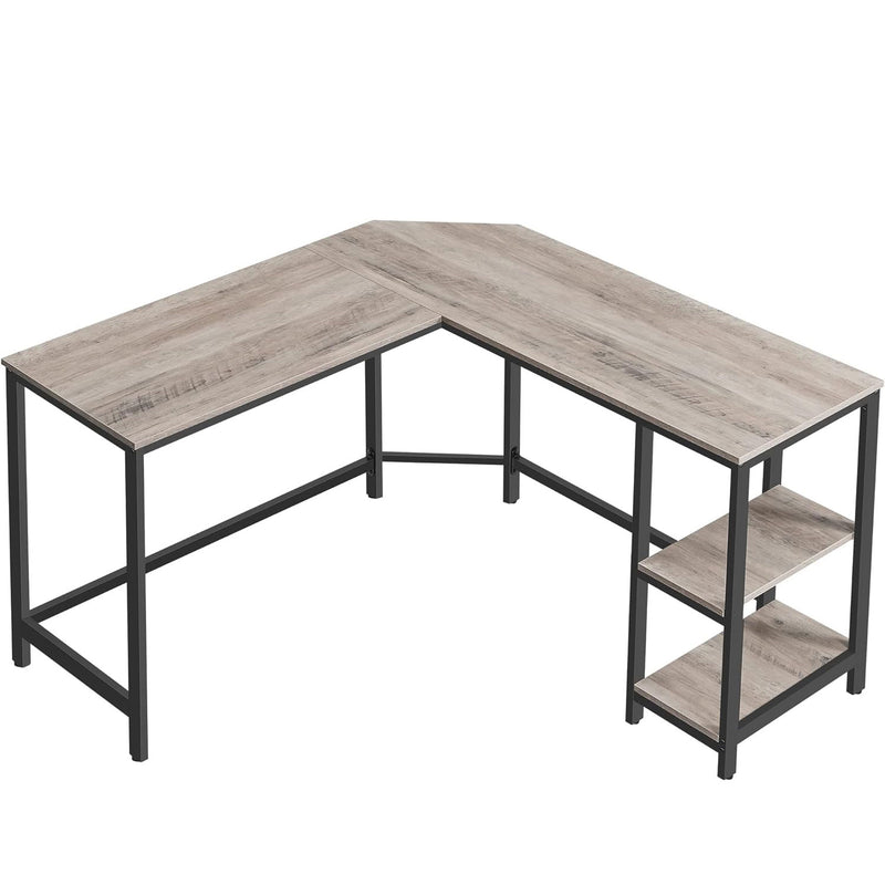 VASAGLE Birou de colt in forma de L, cu 2 rafturi de depozitare, 138x138x75cm, industrial, gri si negru