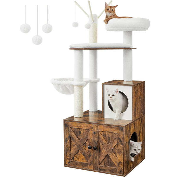 FEANDREA Mobilier 2 in 1 pentru pentru pisici cu cusca, ascunzatoare si loc de joaca, 58x50x140cm, maro vintage