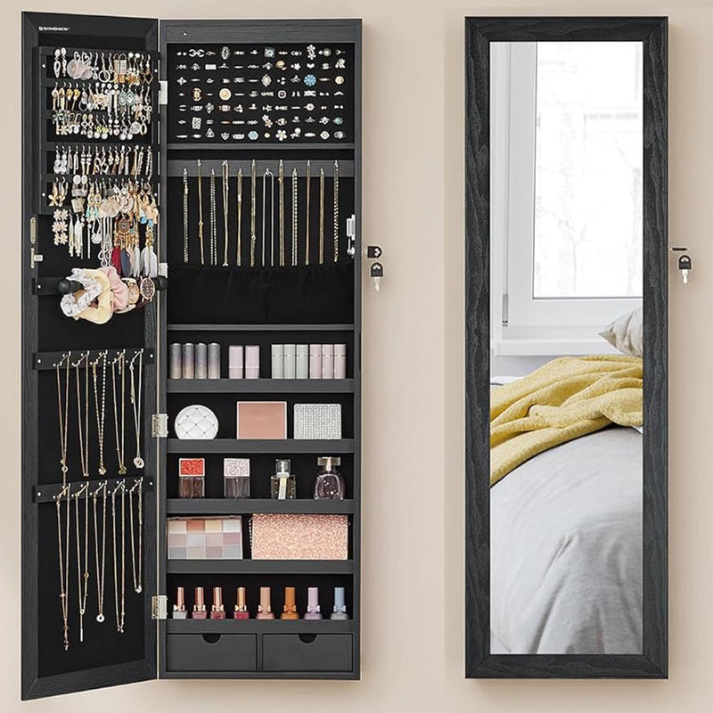 SONGMICS Dulap pentru bijuterii cu oglinda, montare pe perete sau usa, material MDF, inchidere cu cheie, 120x37x10 cm, negru