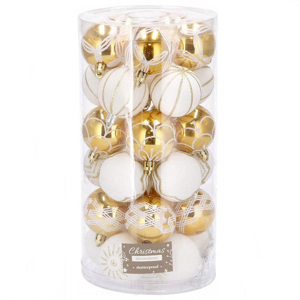 Set globuri de Craciun cu modele de sarbatori, 30 bucati, 7cm, alb auriu