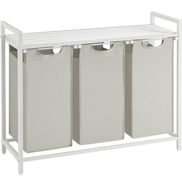 VASAGLE Cos de rufe, 3 compartimente, saci de rufe detasabili, raft, cadru metalic, 3x38L, 93x33x72 cm, alb