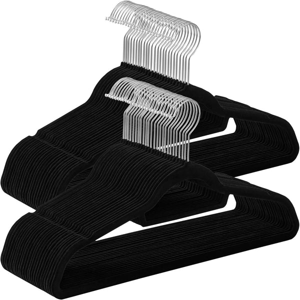 SONGMICS Set de 50 de umerase pentru haine, anti-alunecare cu catifea, bara de cravata si carlig pivotant, 43,5 cm, negru