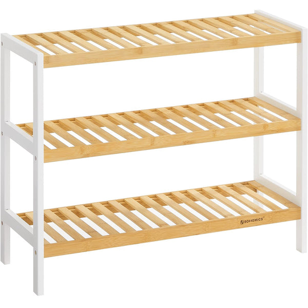 SONGMICS Raft de depozitare din bambus, cu 3 niveluri, 26x70x55cm, alb si maro