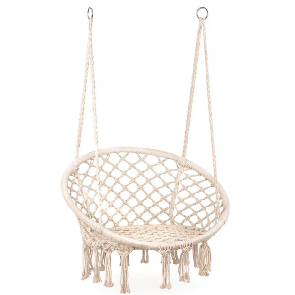 Scaun rotund tip leagan suspendat pentru casa sau gradina, cu franjuri, 150kg, crem