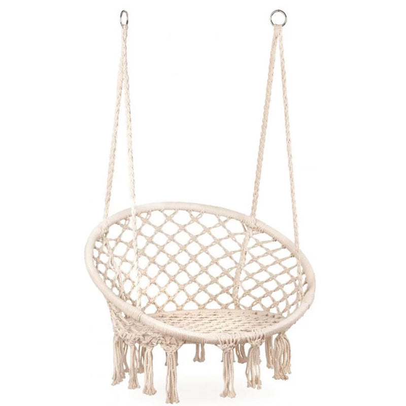 Scaun rotund tip leagan suspendat pentru casa sau gradina, cu franjuri, 150kg, crem