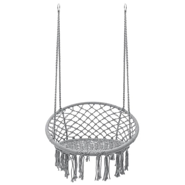 Scaun rotund tip leagan suspendat pentru casa sau gradina, cu franjuri, 150kg, gri