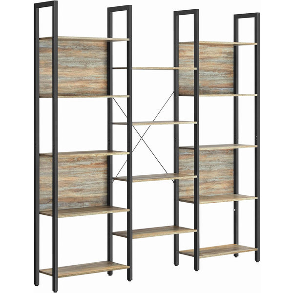 VASAGLE Biblioteca cu 14 rafturi din lemn, cadru metalic, 24x158x166cm, stil industrial, stejar si negru