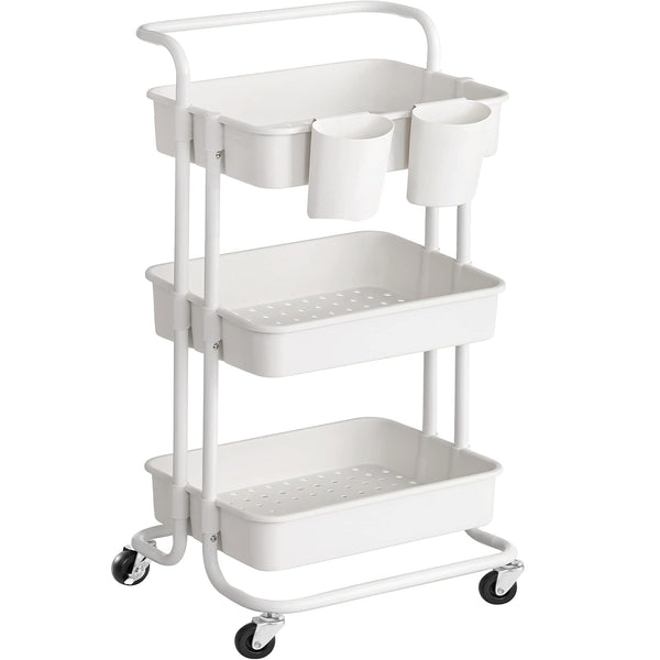 SONGMICS Carucior de depozitare pe roti, pentru bucatarie sau baie, cu 3 nivele, 42x34x86 cm, alb