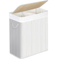 SONGMICS Cos de rufe din bambus cu capac, 2 compartimente, sac detasabil, volum 100L, 52x32x62cm, alb