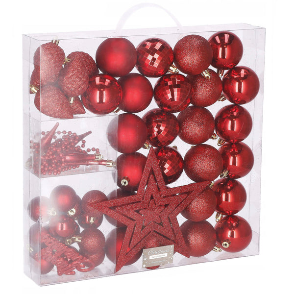 Set globuri si decoratiuni de Craciun, 51 piese, diverse dimensiuni, rosu