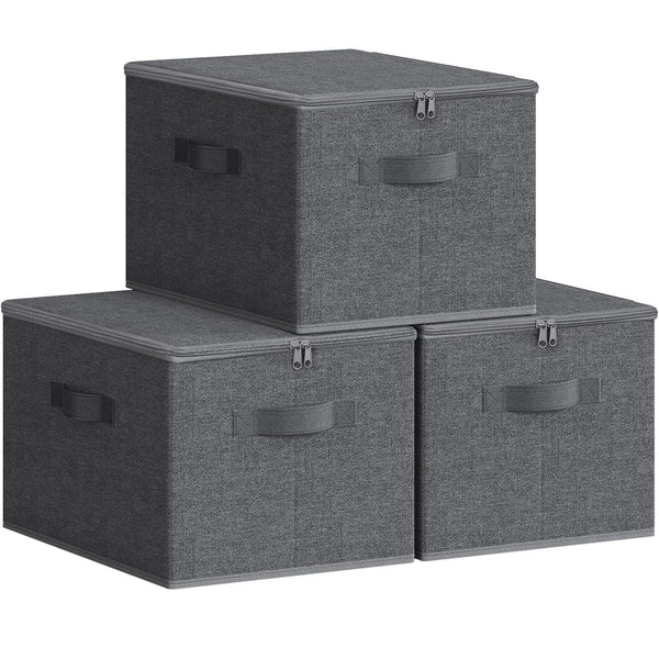 SONGMICS Set 3 cutii de depozitare pliabile, organizatoare pentru dulap, textil, 40x30x25 cm, gri