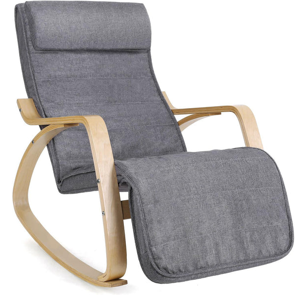 SONGMICS Scaun balansoar din lemn, suport picioare reglabil, maxim 150kg, 55x122x84cm, gri inchis