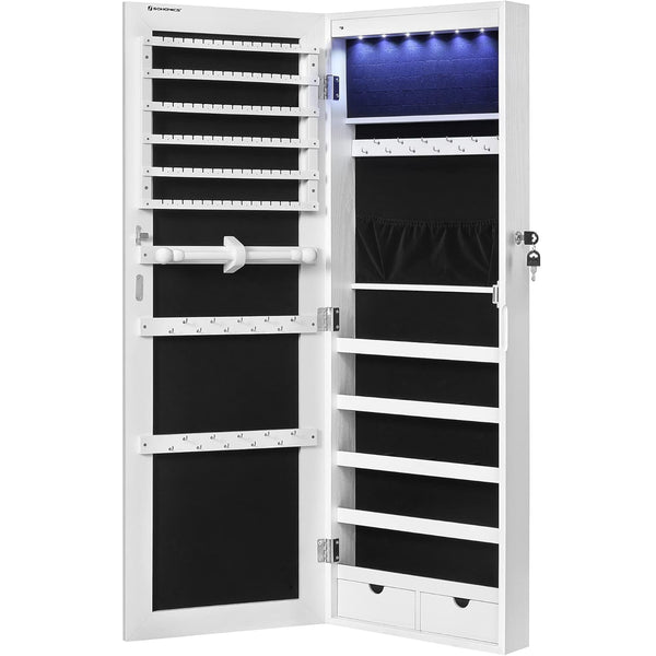 SONGMICS Dulap de bijuterii cu oglinda, montare pe perete, lumini LED, 37x10x120cm, alb