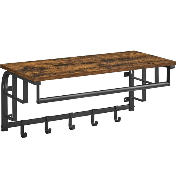 VASAGLE Cuier de perete cu raft de depozitare, 5 carlige detasabile, 30x66x27cm, maro rustic si negru