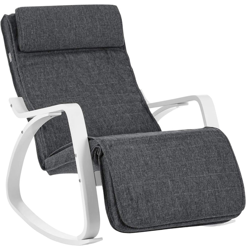 SONGMICS Scaun balansoar din lemn, suport picioare reglabil, maxim 150kg, 67x115x91cm, gri si alb