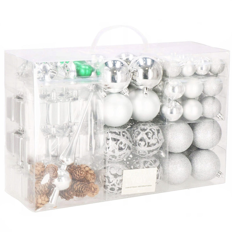 Set globuri si decoratiuni de Craciun, 102 piese, diverse dimensiuni, argintiu