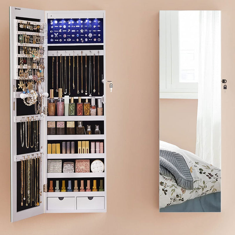 SONGMICS Dulap de bijuterii cu oglinda, montare pe perete, lumini LED, 37x10x120cm, alb