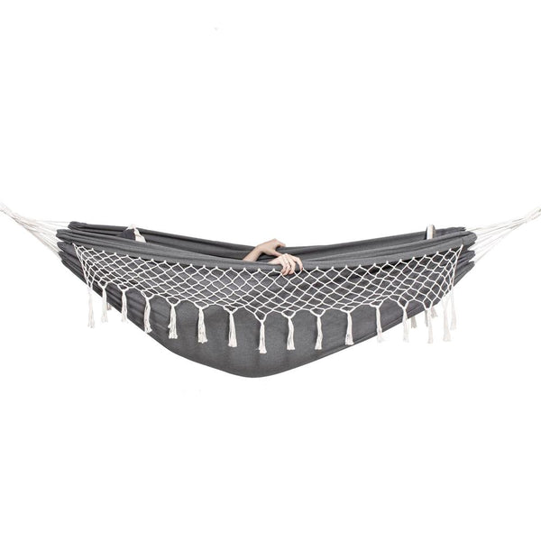 Hamac doua persoane cu franjuri si 2 perne, 200kg, 200×150 cm, gri inchis