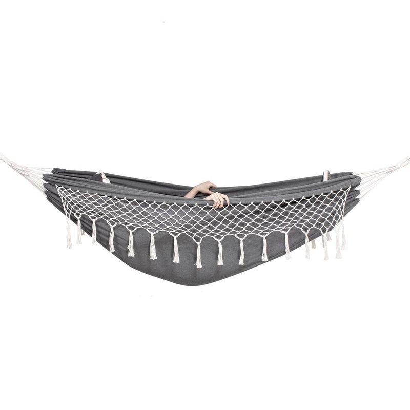 Hamac doua persoane cu franjuri si 2 perne, 200kg, 200×150 cm, gri inchis