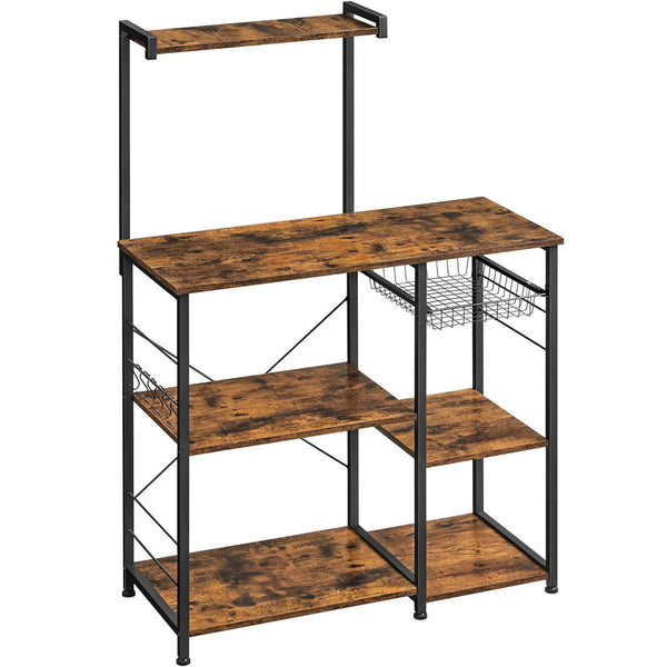 VASAGLE Raft de bucatarie, suport pentru cuptorul cu microunde, cos de sarma, 6 carlige S, 39x90x132cm, maro rustic