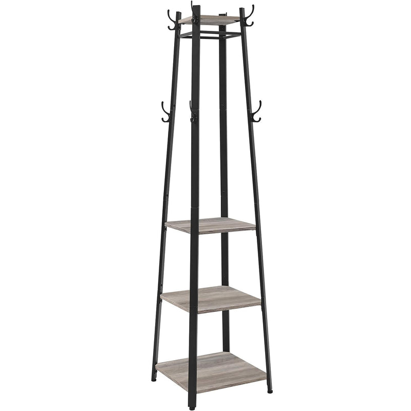VASAGLE Cuier de haine cu 3 rafturi, suport cu carlige, din otel, 43x43x180 cm, stil industrial, gri si negru