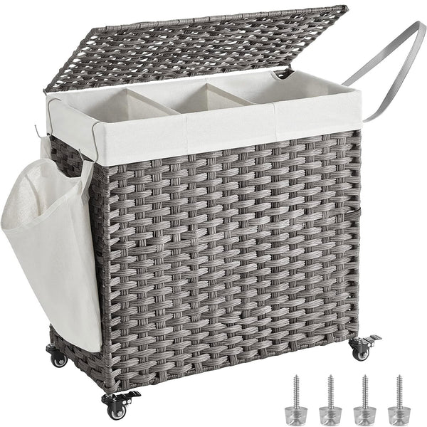 SONGMICS Cos de rufe tesut manual, cu captuseala detasabila lavabila, 3 compartimente, stil ratan, 140 litri, 66x33x60 cm, gri