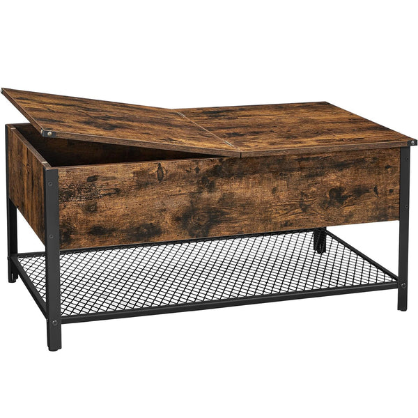 VASAGLE Masuta de cafea cu capac rabatabil, compartiment depozitare ascuns si raft plasa, industrial, 100x55x47cm, maro rustic si negru