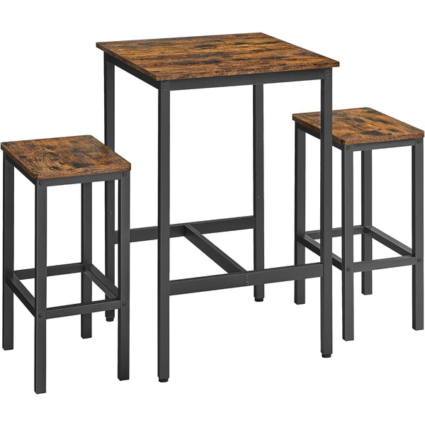 VASAGLE Set masa si scaune de bar, masa 60x60x90cm si 2 scaune 30x40x65cm, stil industrial, maro rustic