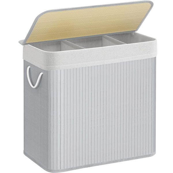 SONGMICS Cos de rufe din bambus, pliabil, cu captuseala detasabila lavabila, 3 compartimente, 150L, 60x40x62cm, gri