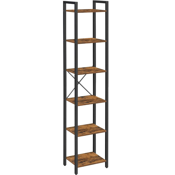 VASAGLE Raft cu 6 etaje, tip biblioteca, cadru metal si polite lemn, 30x40x187cm, industrial, maro rustic si negru