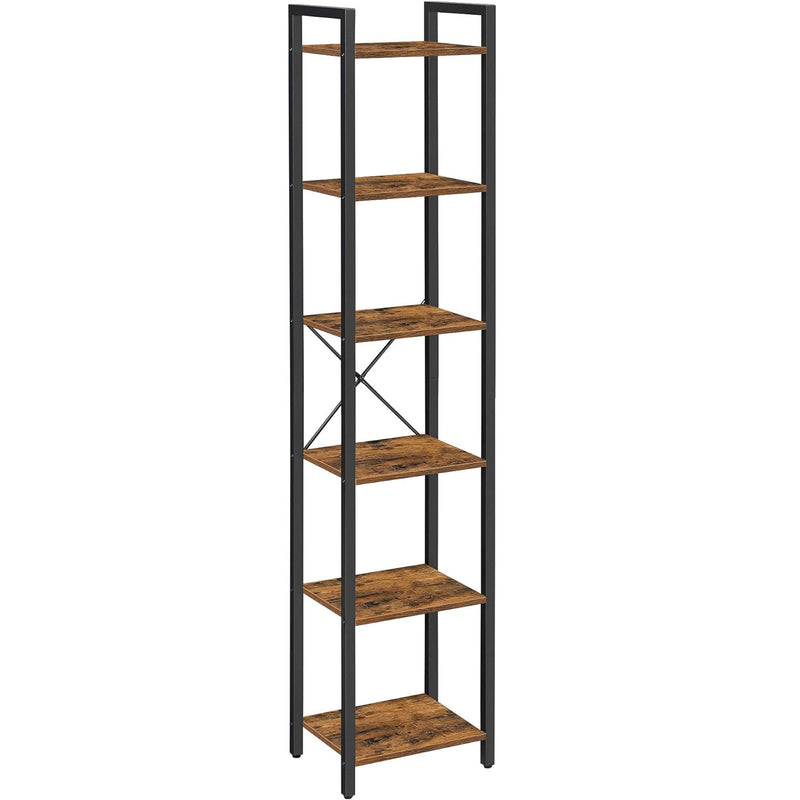 VASAGLE Raft cu 6 etaje, tip biblioteca, cadru metal si polite lemn, 30x40x187cm, industrial, maro rustic si negru