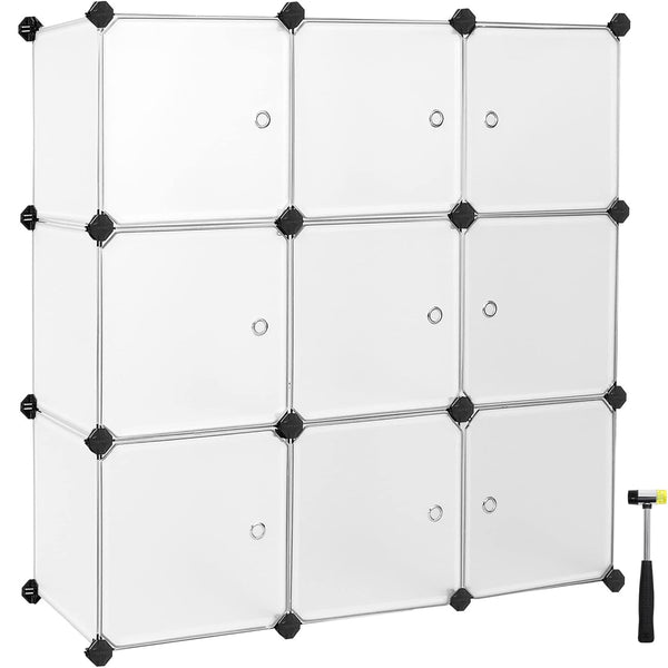 SONGMICS Organizator modular 93x31x93 cm, 9 cuburi cu usi, plastic si cadru metalic, alb