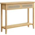 VASAGLE Consola hol 100x30x80 cm, 2 sertare, raft deschis, colturi rotunjite, stil boho, MDF si ratan PVC, bej stejar