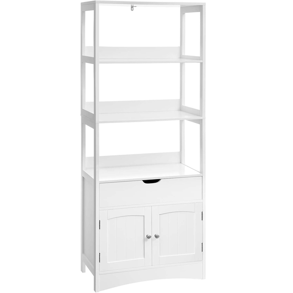 VASAGLE Dulap inalt baie cu 3 rafturi, 1 sertar si 1 dulap, din MDF, 60x33x154 cm, alb