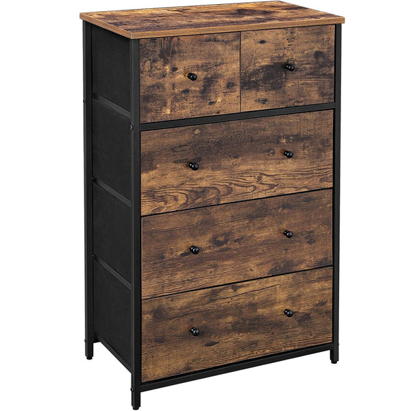 SONGMICS Comoda cu 5 sertare 56x30x89 cm, cadru metalic si blat MDF, manere lemn, maro rustic si negru