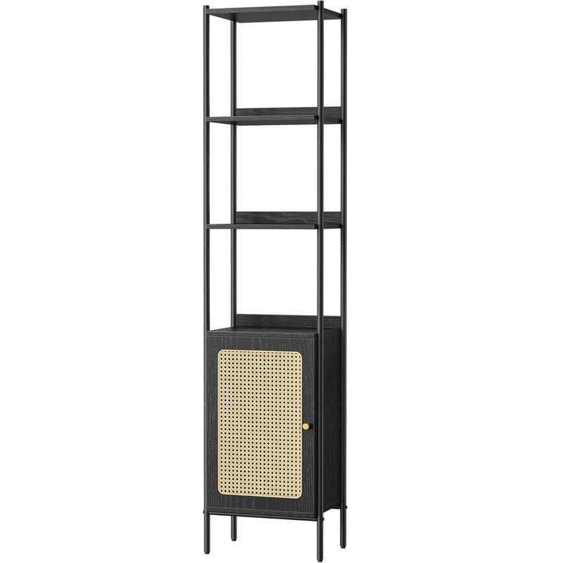 VASAGLE Biblioteca cu 6 etaje, cadru metalic, usa cu efect ratan Boho, 30x40x175 cm, negru