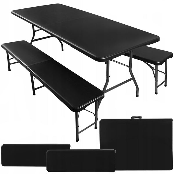 Set masa cu 2 banci pliabile tip valiza pentru gradina, camping sau evenimente, 180x70x74cm, negru