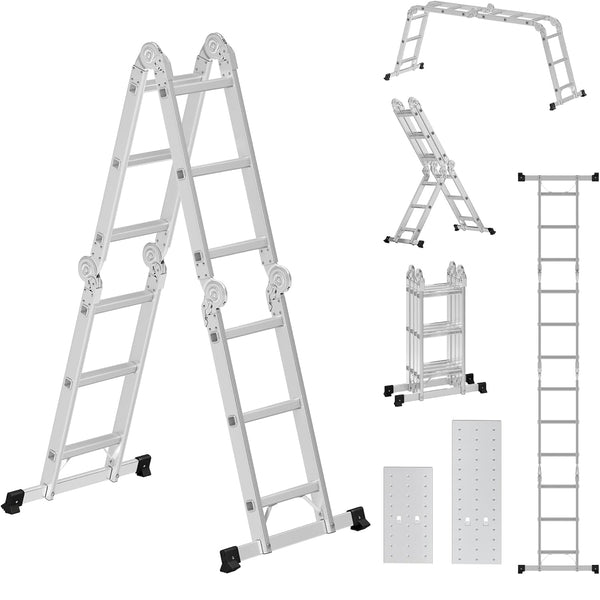 SONGMICS Scara multifunctionala din aluminiu, cu 2 placi tip platforma, 12 trepte, sarcina 150 kg, gri