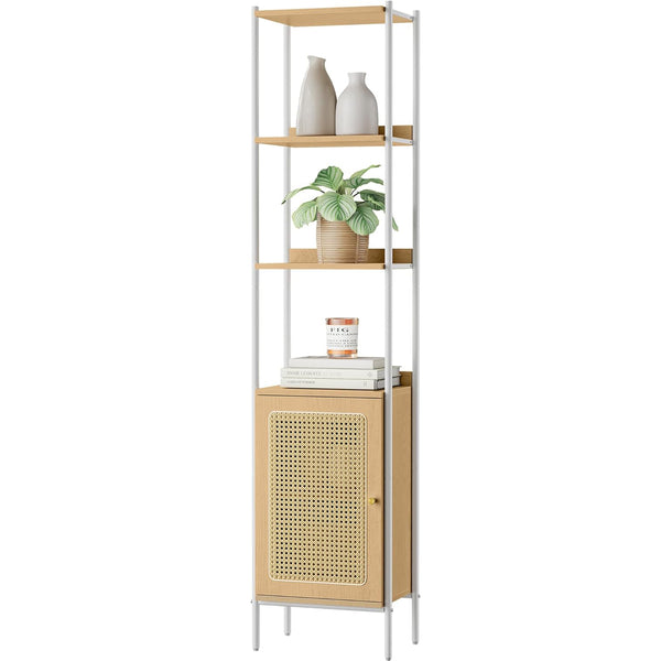 VASAGLE Biblioteca cu 6 etaje, cadru metalic, usa cu efect ratan Boho, 30x40x175 cm, alb si bej