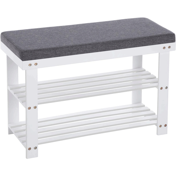 SONGMICS Banca pentru pantofi din bambus, 2 niveluri, cu perna, sarcina 150 kg, 71x29x49 cm, alb si gri