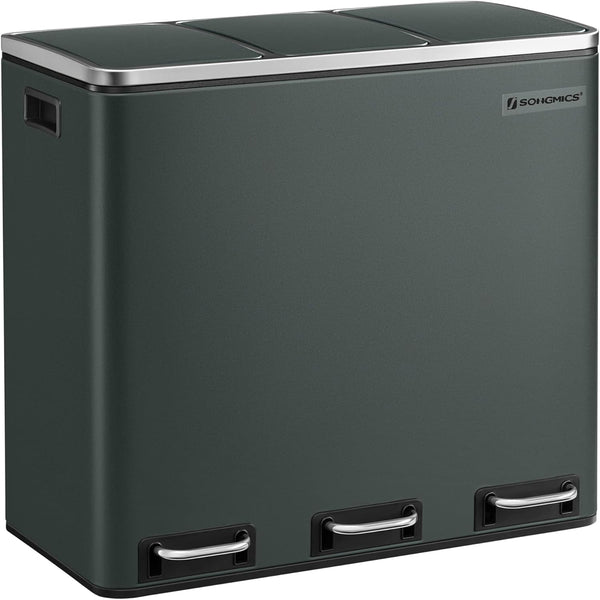 SONGMICS Cos de gunoi din inox cu 3 compartimente colectare selectiva, cu galeti interioare, 3x18litri, gri inchis