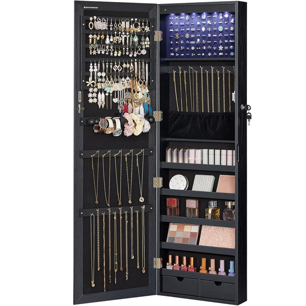 SONGMICS Dulap pentru bijuterii cu oglinda, montare pe perete sau usa, material MDF, inchidere cu cheie, 120x37x10 cm, negru