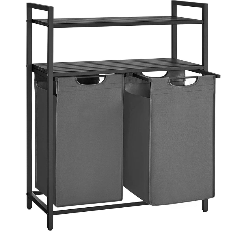 VASAGLE Cos de rufe, cu 2 saci detasabili, 2 rafturi, capacitate de 46L per sac, 73x33x92cm , negru si gri